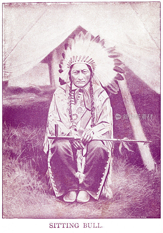 半色调印花的坐牛，淡紫色的Hunkpapa Lakota酋长